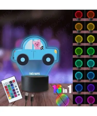 Lampka Nocna 3D LED LAMP z Nadrukiem Samochód Świnka