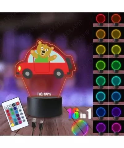 Lampka Nocna 3D LED LAMP z Nadrukiem Samochód Miś