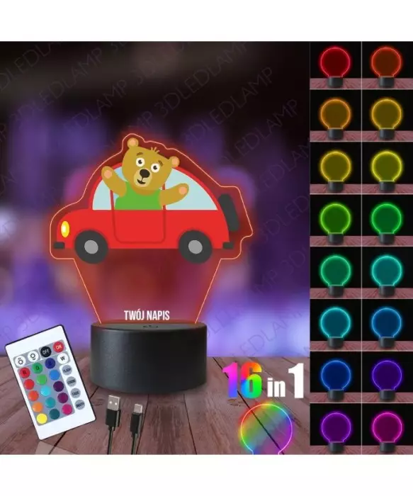 Lampka Nocna 3D LED LAMP z Nadrukiem Samochód Miś
