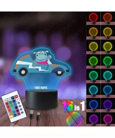 Lampka Nocna 3D LED LAMP z Nadrukiem Samochód Hipopotam
