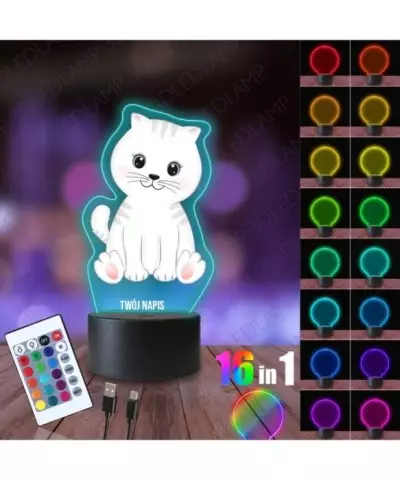 Lampka Nocna 3D LED LAMP z Nadrukiem Kotek Biały