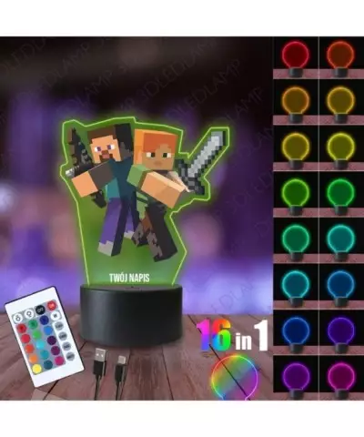 Lampka Nocna 3D LED LAMP z Nadrukiem Minecraft Alex i Steve