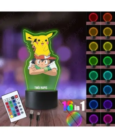 Lampka Nocna 3D LED LAMP z Nadrukiem Pikachu i Ash