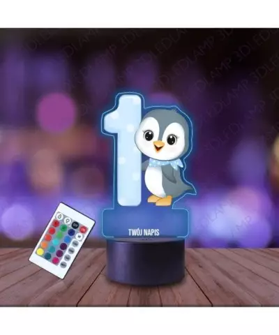 Lampka Nocna 3D LED LAMP z Nadrukiem Pingwin Niebieski na Roczek