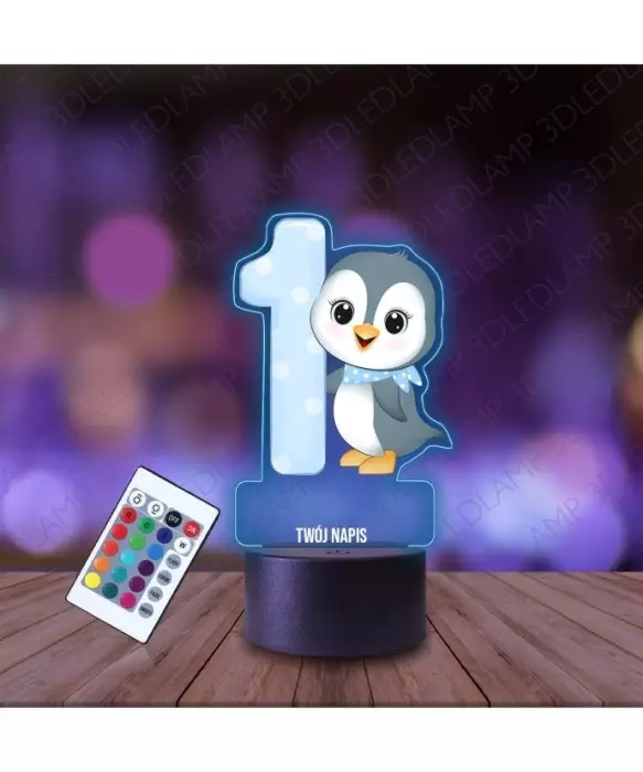 Lampka Nocna 3D LED LAMP z Nadrukiem Pingwin Niebieski na Roczek