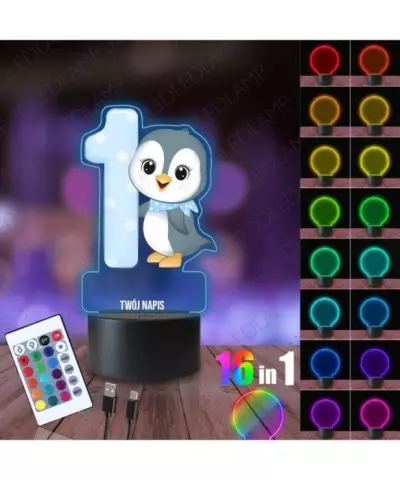 Lampka Nocna 3D LED LAMP z Nadrukiem Pingwin Niebieski na Roczek