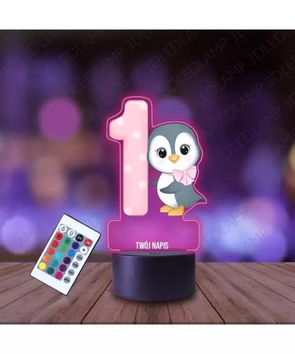 Lampka Nocna 3D LED LAMP z Nadrukiem Pingwin Różowy na Roczek