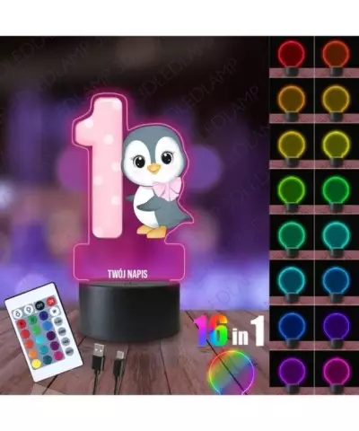 Lampka Nocna 3D LED LAMP z Nadrukiem Pingwin Różowy na Roczek