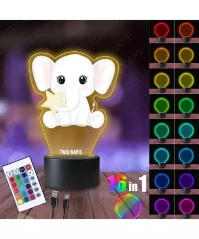 Lampka Nocna 3D LED LAMP z Nadrukiem Słonik z Gwiazdą