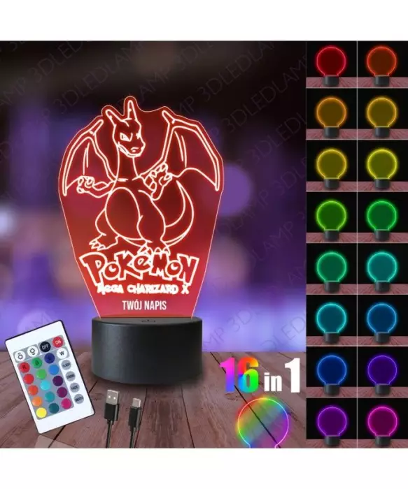 Lampka Nocna 3D LED LAMP Charizard Napis