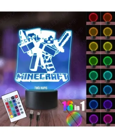 Lampka Nocna 3D LED LAMP Minecraft Steve Napis