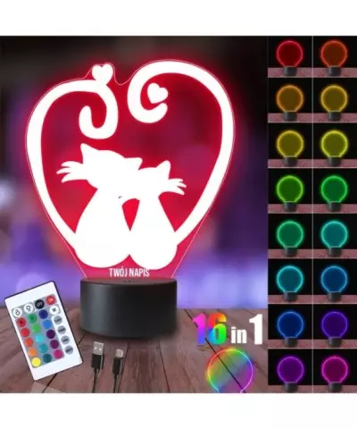 Lampka Nocna 3D LED LAMP Prezent na Walentynki Koty Serce