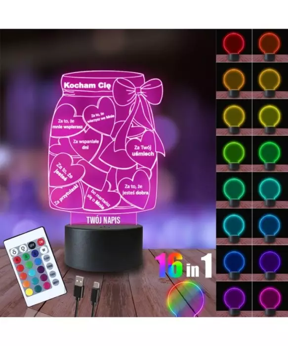 Lampka Nocna 3D LED LAMP Prezent na Walentynki Słoik Kocham Cię