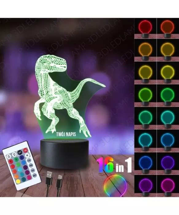 Lampka Nocna 3D LED LAMP Welociraptor Dinozaur