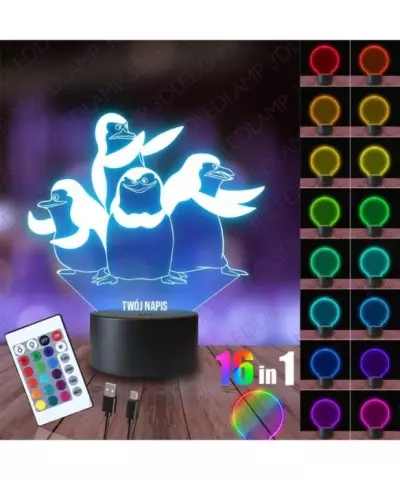 Lampka Nocna 3D LED LAMP Pingwiny z Madagaskaru