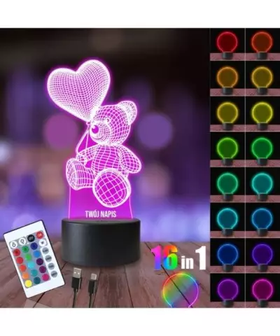 Lampka Nocna 3D LED LAMP Miś Balonik Serce