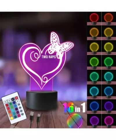 Lampka Nocna 3D LED LAMP Serduszko z Motylkiem