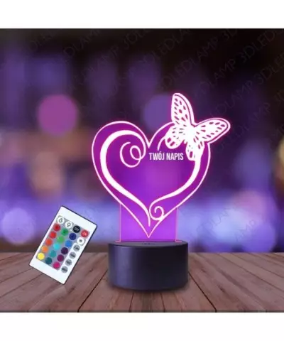 Lampka Nocna 3D LED LAMP Serduszko z Motylkiem