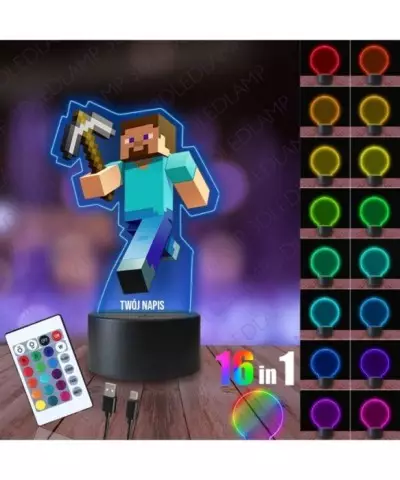 Lampka Nocna 3D LED LAMP z Nadrukiem Minecraft Steve z Kilofem