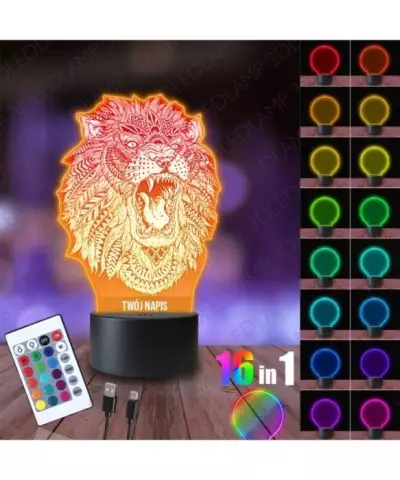Lampka Nocna 3D LED LAMP Ryczący Lew Mandala