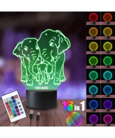 Lampka Nocna 3D LED LAMP Słonie Rodzina
