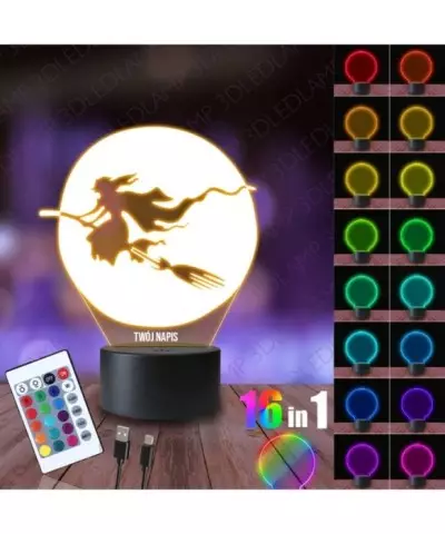 Lampka Nocna 3D LED LAMP Halloween Czarownica na Miotle
