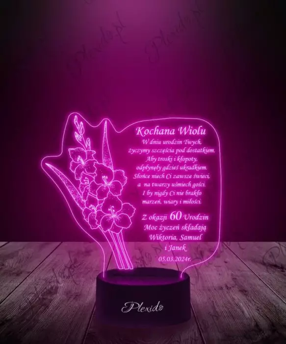 Lampka LED 3D Plexido Prezent na Urodziny Życzenia Kwiaty - 1