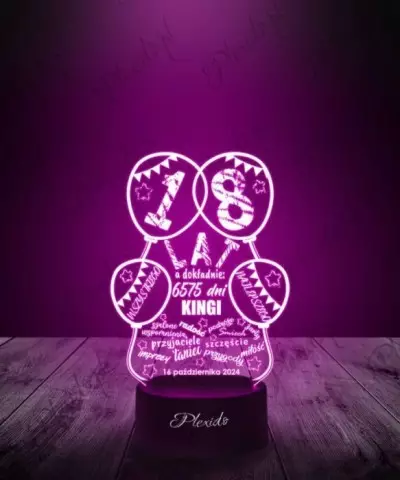 Lampka LED 3D Plexido Prezent Na 18 Urodziny Baloniki - 3