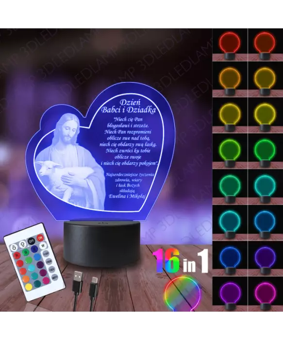 Lampka Nocna 3D LED Lamp Prezent Dzień Babci i Dziadka Jezus