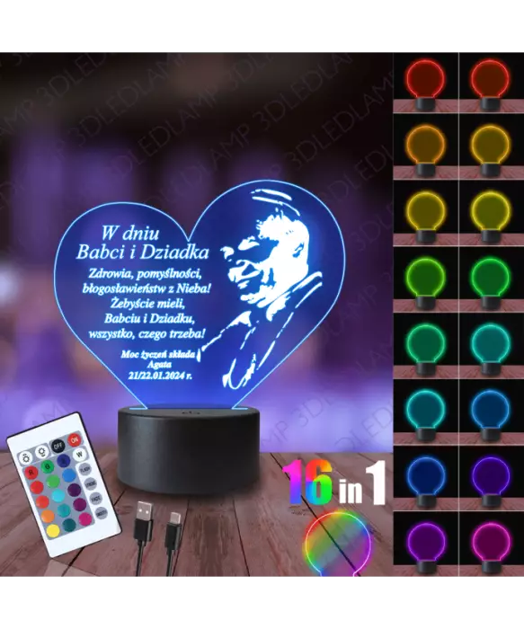 Lampka Nocna 3D LED Lamp Prezent na Dzień Babci i Dziadka Papież