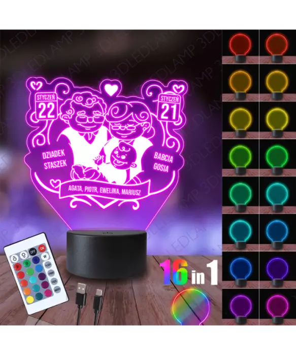 Lampka Nocna 3D LED Lamp Prezent Dla Dziadków Daty