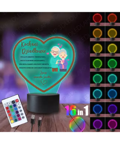 Lampka Nocna 3D LED Lamp Kochani Dziadkowie Serce