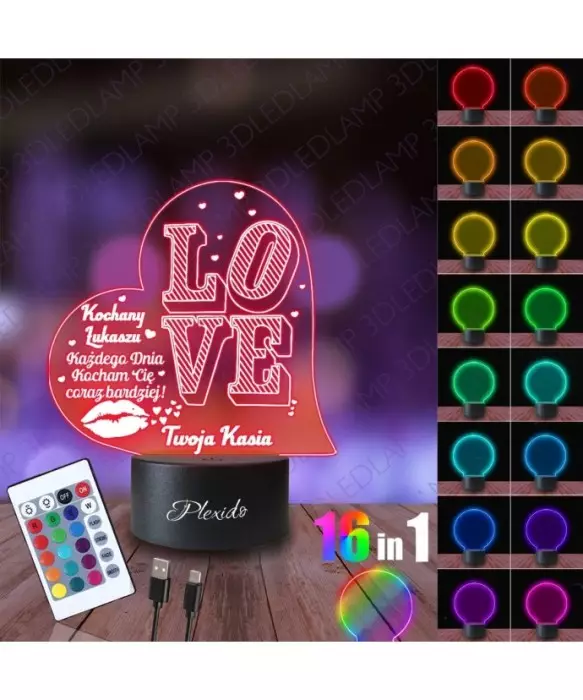 Lampka Nocna 3D LED LAMP Walentynki Serduszko