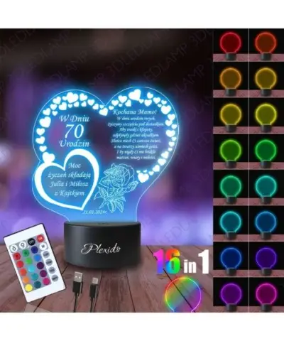 Lampka Nocna 3D LED LAMP Prezent na 70 Urodziny Pamiątka dla Mamy