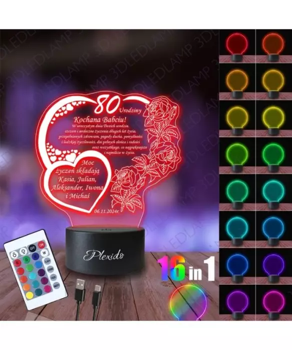 Lampka Nocna 3D LED LAMP Prezent na 80 Urodziny Życzenia dla Babci