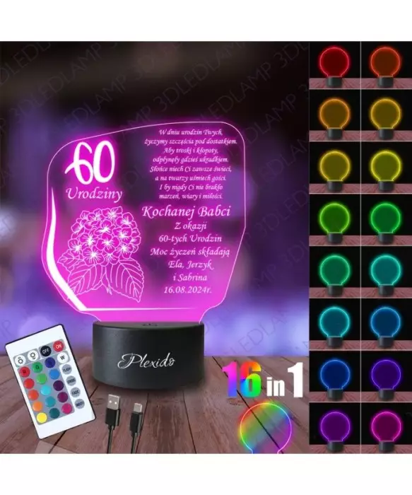 Lampka Nocna 3D LED LAMP Prezent na 60 Urodziny Życzenia dla Babci