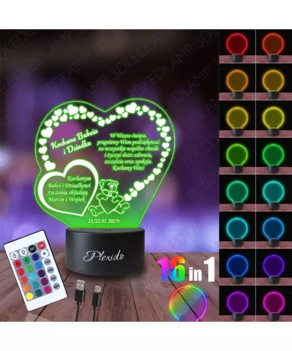 Lampka Nocna 3D LED Lamp Kochanej Babci Kochanemu Dziadkowi Serca