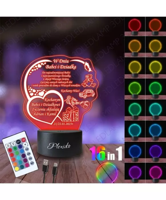 Lampka Nocna 3D LED Lamp Prezent na Dzień Babci i Dziadka Życzenia Serca