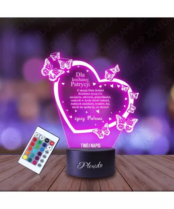 Lampka Nocna 3D LED LAMP Prezent na Dzień Kobiet Życzenia Serce Motyle