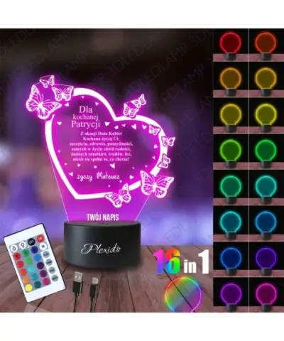 Lampka Nocna 3D LED LAMP Prezent na Dzień Kobiet Życzenia Serce Motyle 2