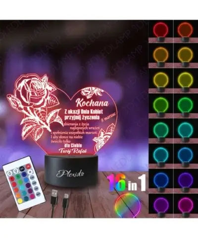 Lampka Nocna 3D LED LAMP Prezent na Dzień Kobiet Serce Róży 2