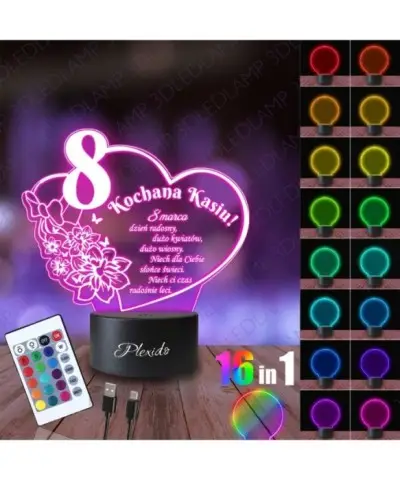 Lampka Nocna 3D LED LAMP Prezent na Dzień Kobiet Sercowy Wierszyk 2