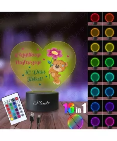 Lampka Nocna 3D LED LAMP z Nadrukiem UV Prezent na Dzień Kobiet Serce Miś 2