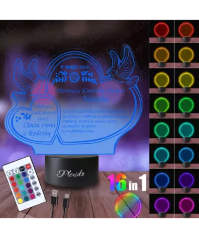 Lampka Nocna 3D LED LAMP Pierwsza Komunia Święta Gołębie Dedykacja